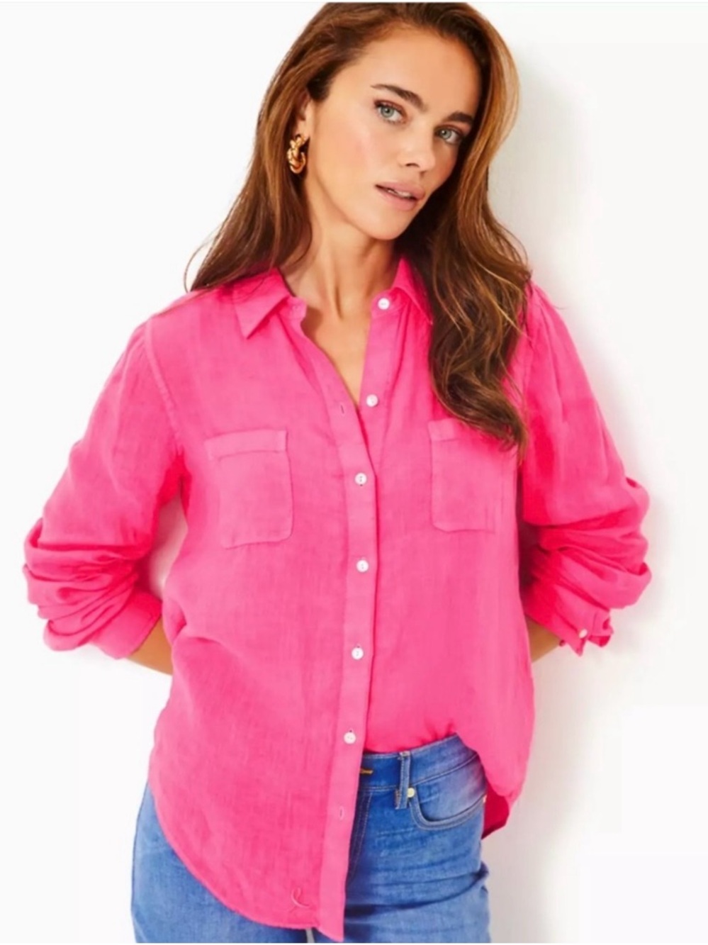 NWT~ Lilly Pulitzer Vibrant Hot Pink Linen Button-Down Shirt, Size Medium